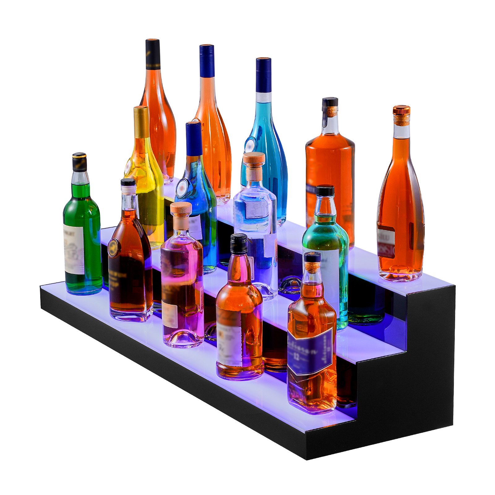 Exhibidor de botellas de licor LED VEVOR con tres estantes iluminados en azul brillante que exhiben varias botellas.