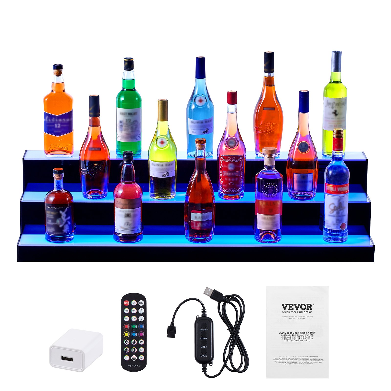 Exhibidor de botellas de licor LED VEVOR de 3 niveles con control remoto, adaptador de corriente, cable USB y manual de usuario.