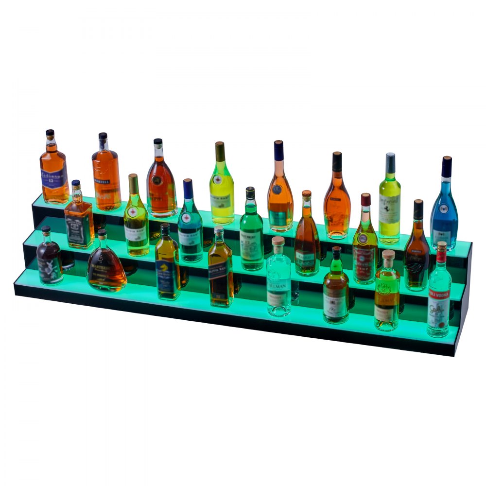 Exhibidor de botellas de licor LED VEVOR con estantes iluminados en azul que muestran botellas surtidas en tres niveles.