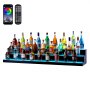 Exhibidor de botellas de licor LED VEVOR con control remoto, sacacorchos, vertedores, cargador y accesorios de control.