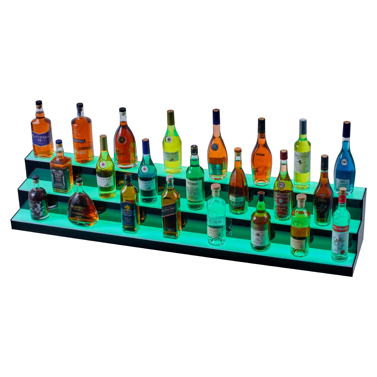 Exhibidor de botellas de licor LED VEVOR con estantes iluminados en azul que muestran botellas surtidas en tres niveles.
