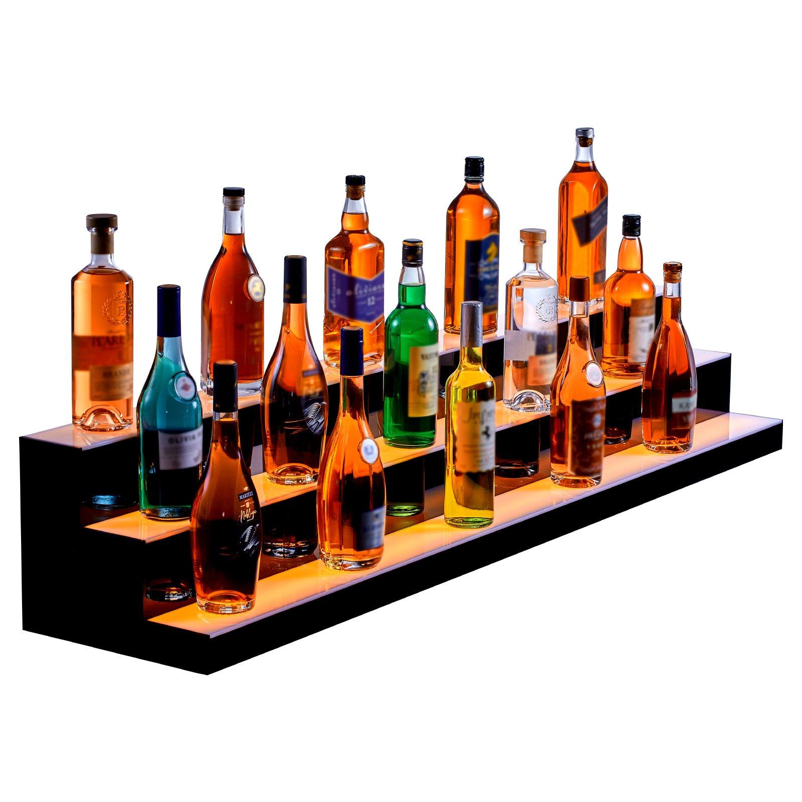 Exhibidor de botellas de licor con LED VEVOR que muestra varias botellas de licor en un estante iluminado de tres niveles.