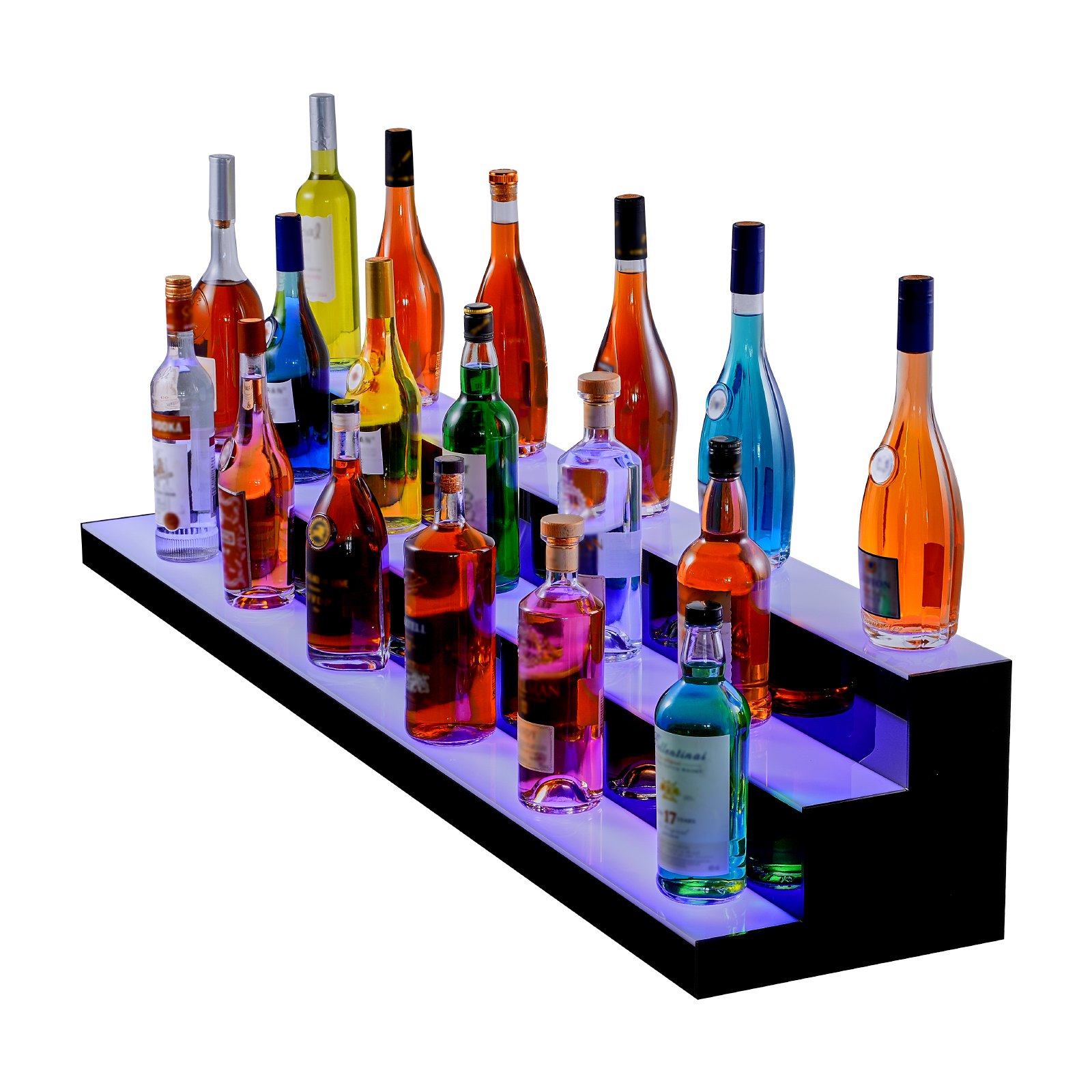 Exhibidor de botellas de licor LED VEVOR de tres niveles que muestra varias botellas de licor con iluminación LED azul.