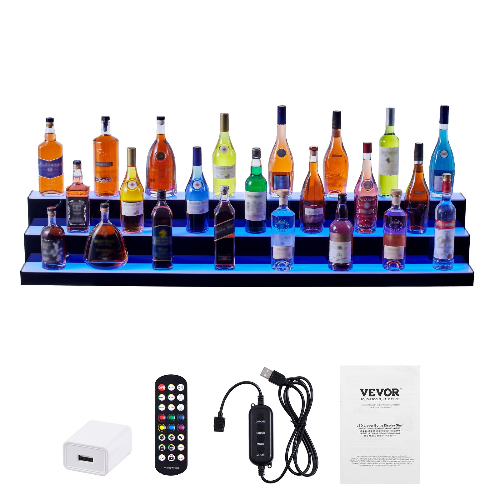 Exhibidor de botellas de licor LED VEVOR con control remoto, adaptador de corriente, manual de usuario y cable de control USB.