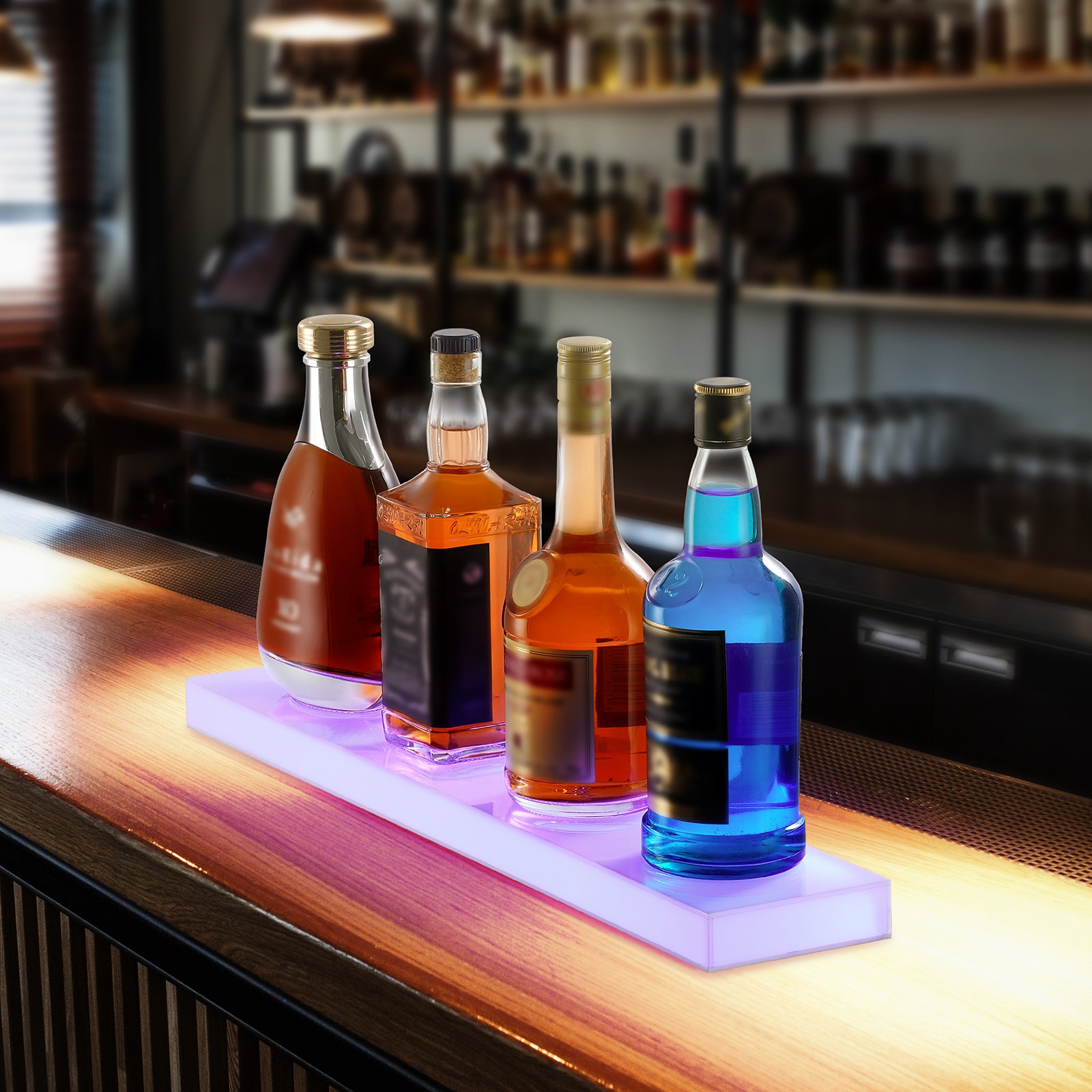 Estante para exhibición de botellas de licor con iluminación LED VEVOR, soporte para whisky de 24 pulgadas montado en la pared de 1 nivel, estante para barra de casa iluminado comercial de 1 paso, estantes de iluminación de bebidas de acrílico con control remoto RF y aplicación