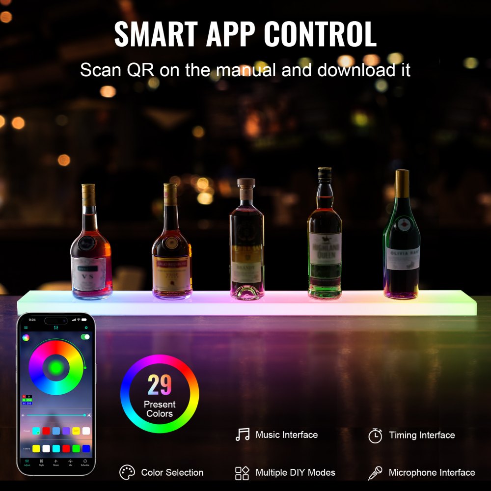 Exhibidor de botellas de licor con iluminación LED VEVOR, soporte para whisky de pared de 1 nivel y 40 pulgadas, estante de bar comercial iluminado de 1 paso, estantes de acrílico para bebidas con control remoto RF y aplicación