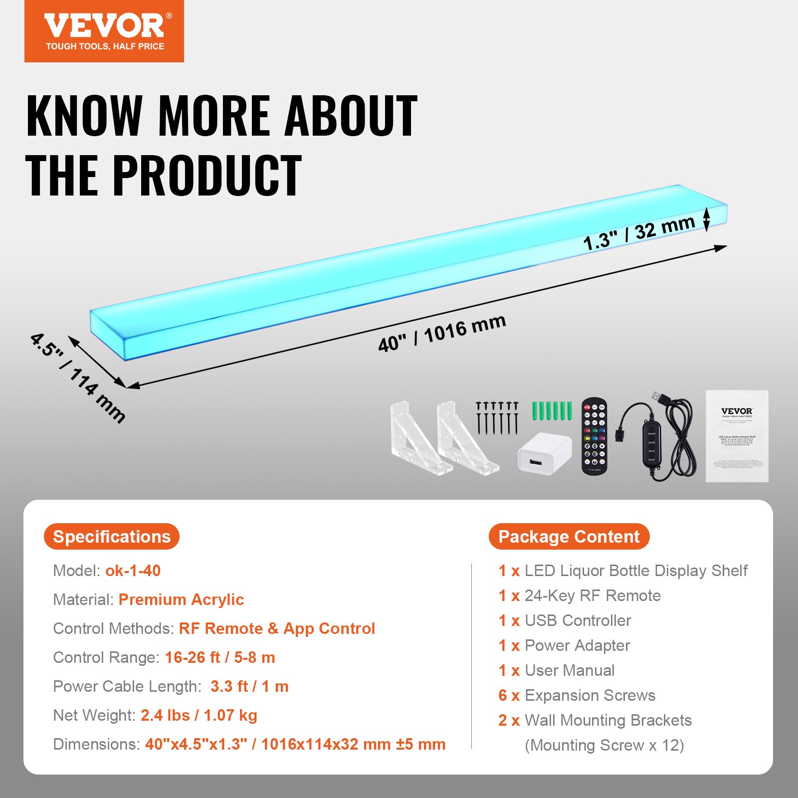 Exhibidor de botellas de licor con iluminación LED VEVOR, soporte para whisky de pared de 1 nivel y 40 pulgadas, estante de bar comercial iluminado de 1 paso, estantes de acrílico para bebidas con control remoto RF y aplicación