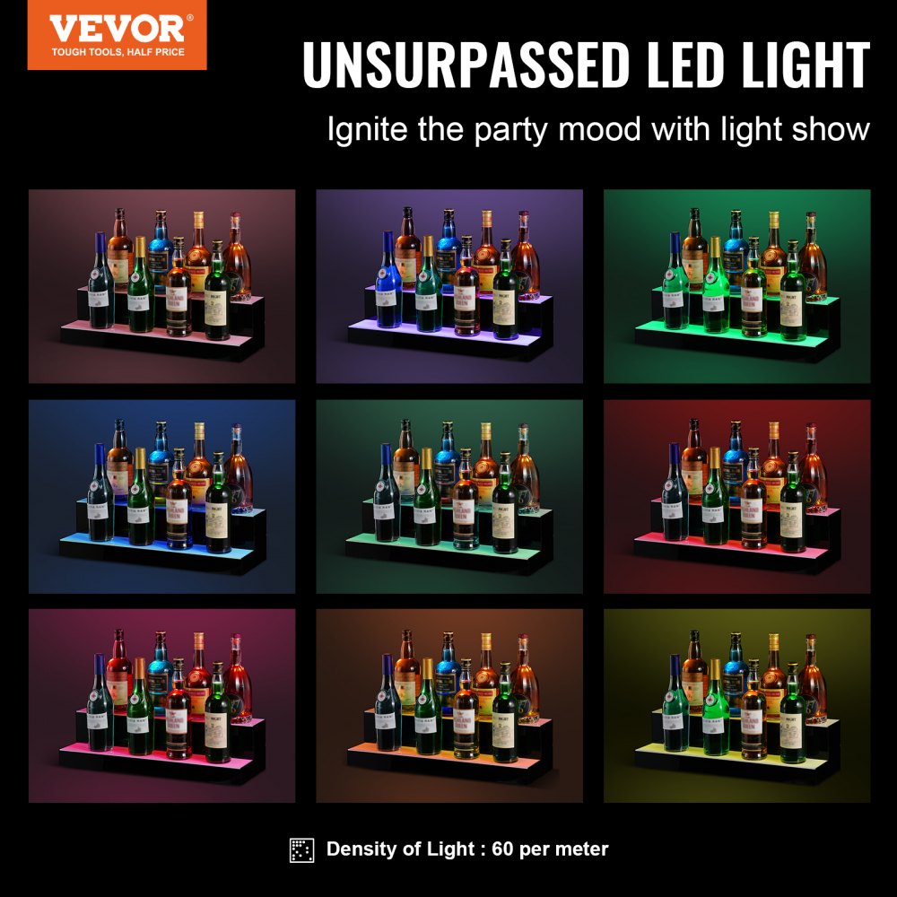 Estante de exhibición de botellas de licor con iluminación LED VEVOR, control por RF y aplicación, 24", 2 pasos