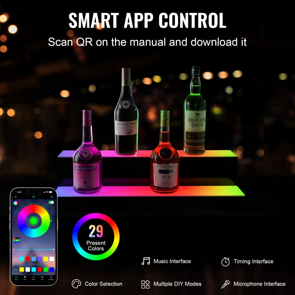 Estante de exhibición de botellas de licor con iluminación LED VEVOR, control por RF y aplicación, 24", 2 pasos