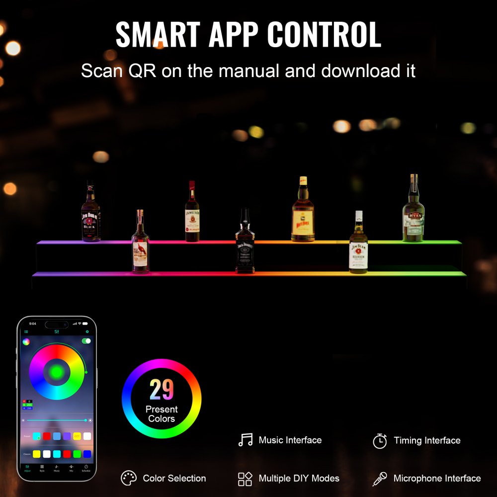 Exhibidor de botellas de licor con iluminación LED VEVOR, estante comercial iluminado de 2 niveles y 60 pulgadas para bar en casa, soporte para whisky de 2 escalones, estantes acrílicos para bebidas con control remoto RF y aplicación, e iluminación multicolor.