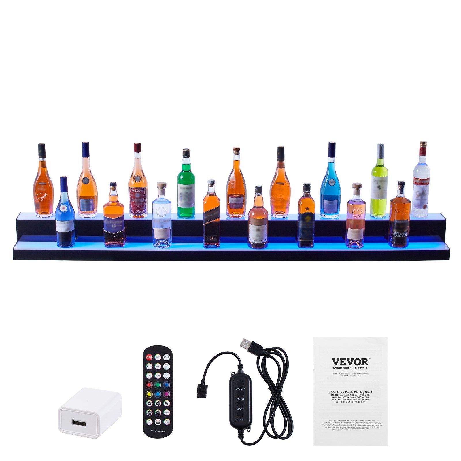Estante de exhibición de botellas de licor con luz LED VEVOR, control por RF y aplicación, 72", 2 pasos