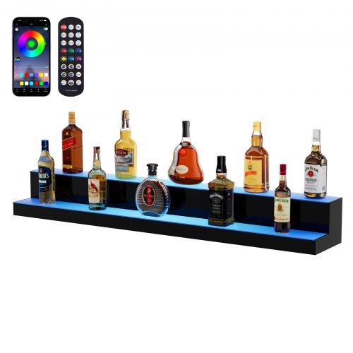 Exhibidor de botellas de licor con iluminación LED VEVOR, estante comercial iluminado de 2 niveles y 48 pulgadas para bar en casa, soporte para whisky de 2 escalones, estantes acrílicos para bebidas con control remoto RF y aplicación, e iluminación multicolor.