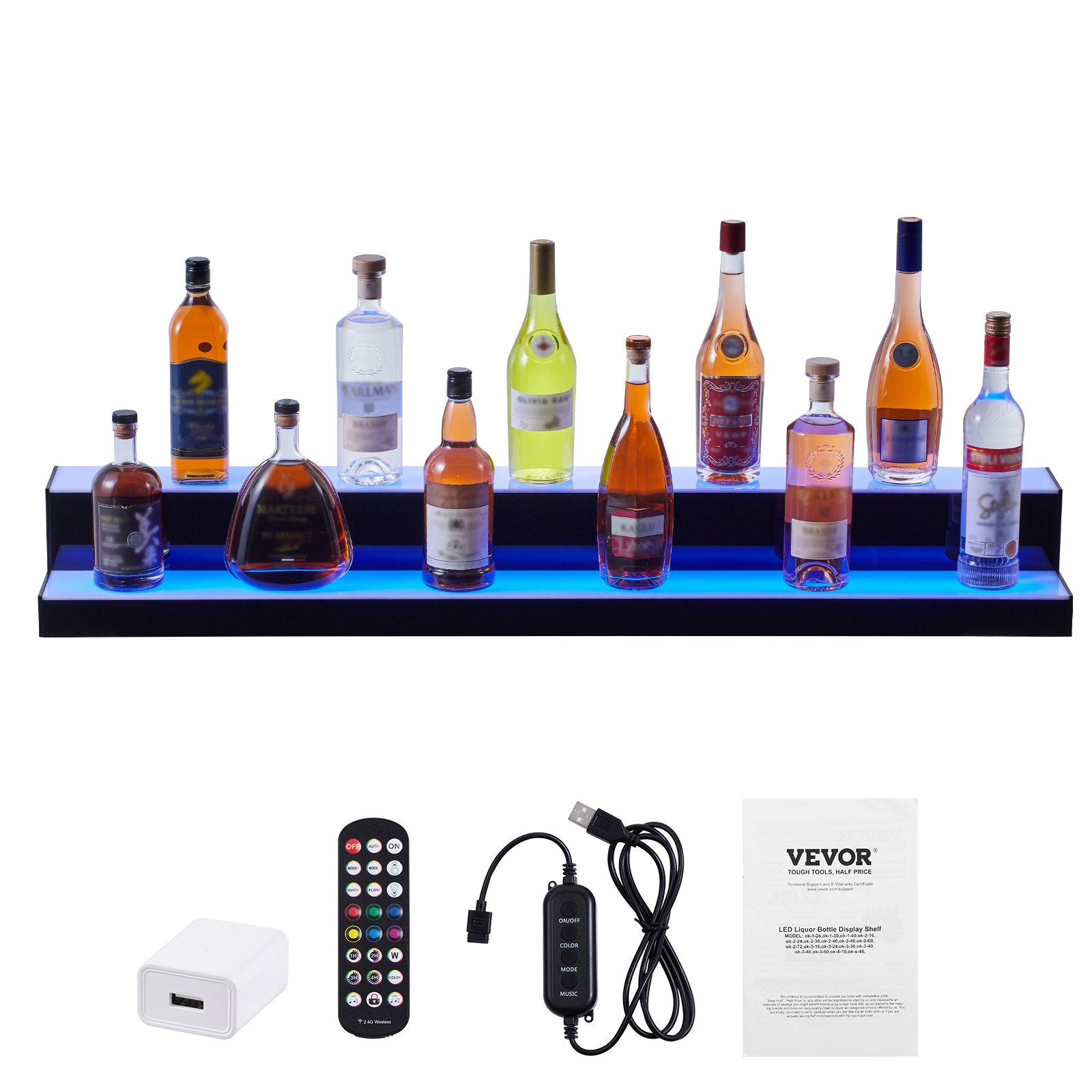 Estante de exhibición de botellas de licor con iluminación LED VEVOR, control por RF y aplicación, 48", 2 pasos