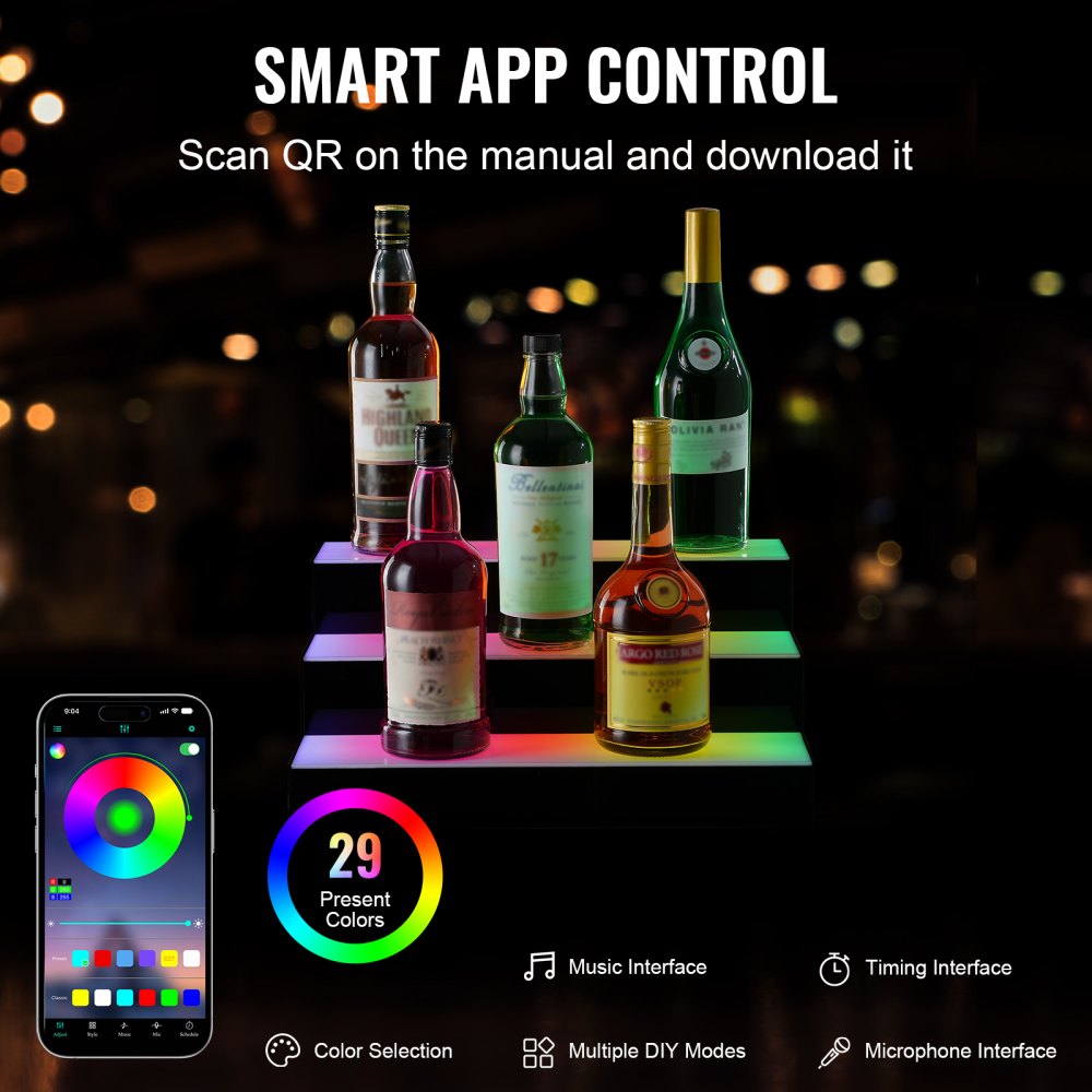 Estante de exhibición de botellas de licor con luz LED VEVOR, control por RF y aplicación, 16", 3 pasos