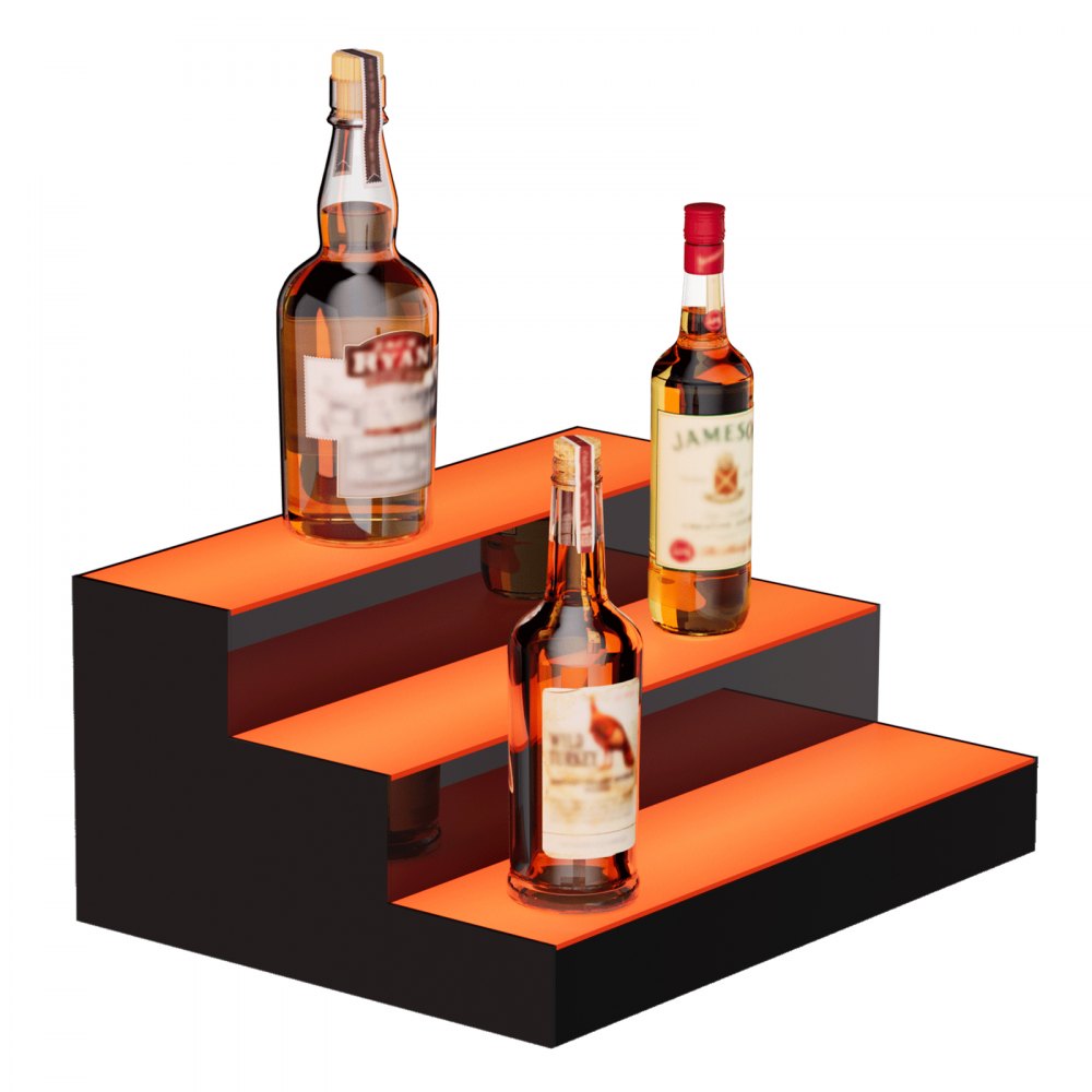 Exhibidor de botellas de licor con iluminación LED VEVOR, estante comercial iluminado de 3 niveles y 16 pulgadas para bar en casa, soporte para whisky de 3 escalones, estantes acrílicos para bebidas con control remoto RF y aplicación, e iluminación multicolor.