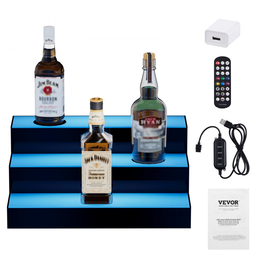Exhibidor de botellas de licor con iluminación LED VEVOR, estante comercial iluminado de 3 niveles y 16 pulgadas para bar en casa, soporte para whisky de 3 escalones, estantes acrílicos para bebidas con control remoto RF y aplicación, e iluminación multicolor.