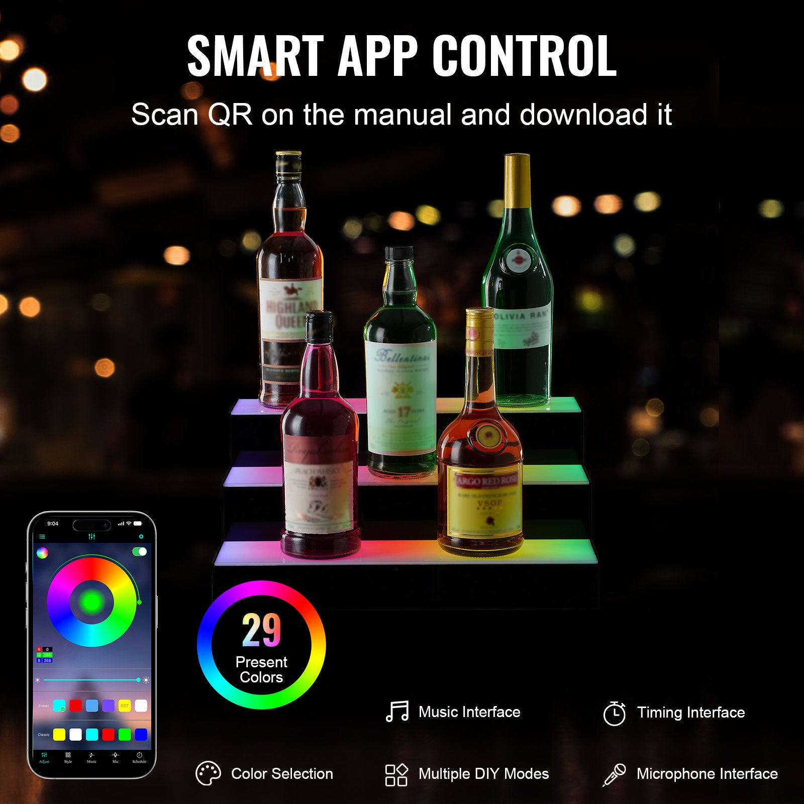 Estante de exhibición de botellas de licor con luz LED VEVOR, control por RF y aplicación, 16", 3 pasos