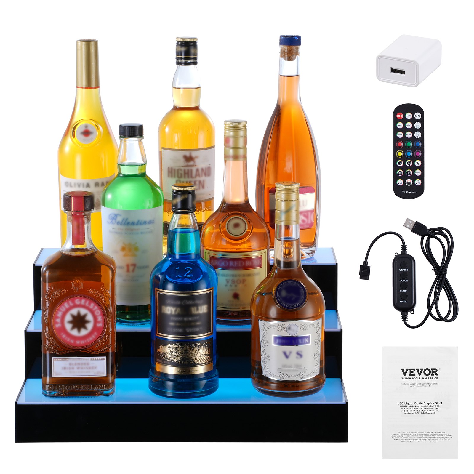 Estante de exhibición de botellas de licor con luz LED VEVOR, control por RF y aplicación, 16", 3 pasos