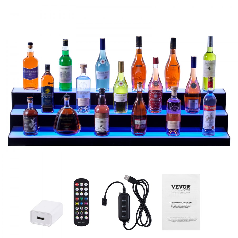 Estante de exhibición de botellas de licor con luz LED VEVOR, control por RF y aplicación, 48", 3 pasos