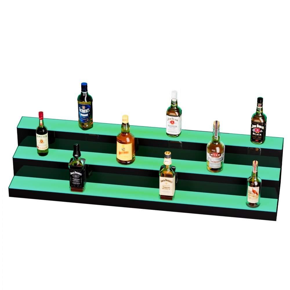 Exhibidor de botellas de licor con iluminación LED VEVOR, estante comercial iluminado de 3 niveles y 48 pulgadas para bar en casa, soporte para whisky de 3 escalones, estantes acrílicos para bebidas con control remoto RF y aplicación, e iluminación multicolor.