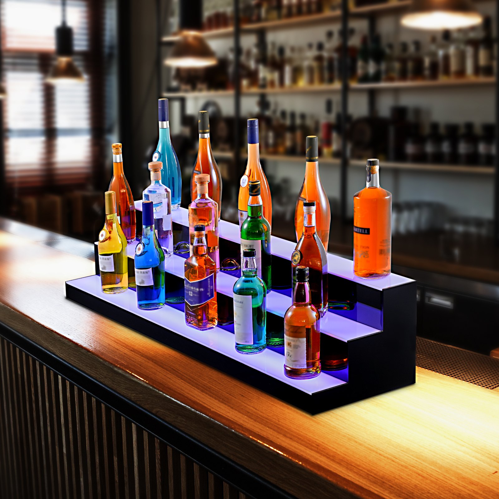 Estante de exhibición de botellas de licor con luz LED VEVOR, control por RF y aplicación, 48", 3 pasos