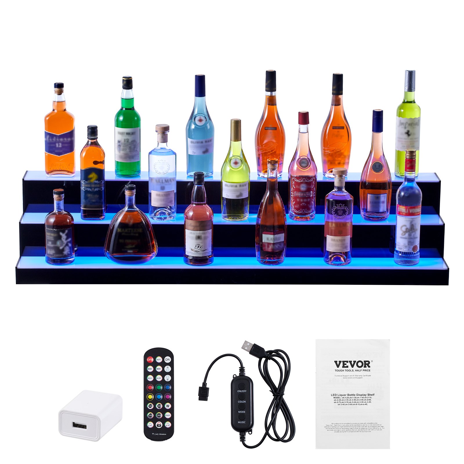 Estante de exhibición de botellas de licor con luz LED VEVOR, control por RF y aplicación, 48", 3 pasos