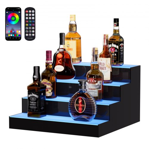 Exhibidor de botellas de licor con iluminación LED VEVOR, estante comercial iluminado de 4 niveles y 16 pulgadas para bar en casa, soporte para whisky de 4 escalones, estantes acrílicos para bebidas con control remoto RF y aplicación, e iluminación multicolor.