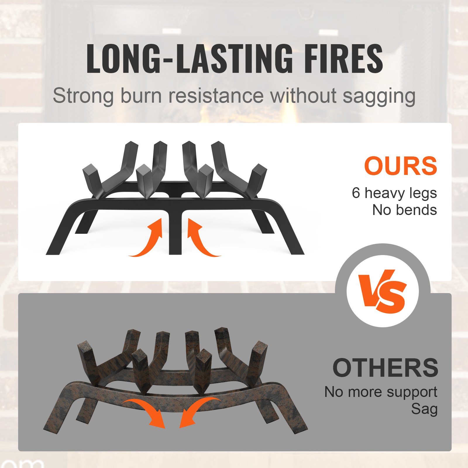 VEVOR Rejilla para leña para chimenea, rejilla resistente para chimenea de 18 pulgadas con 6 patas de apoyo, barras de acero con recubrimiento de polvo sólido de 3/4 pulgadas, soporte para leña para chimenea interior y exterior