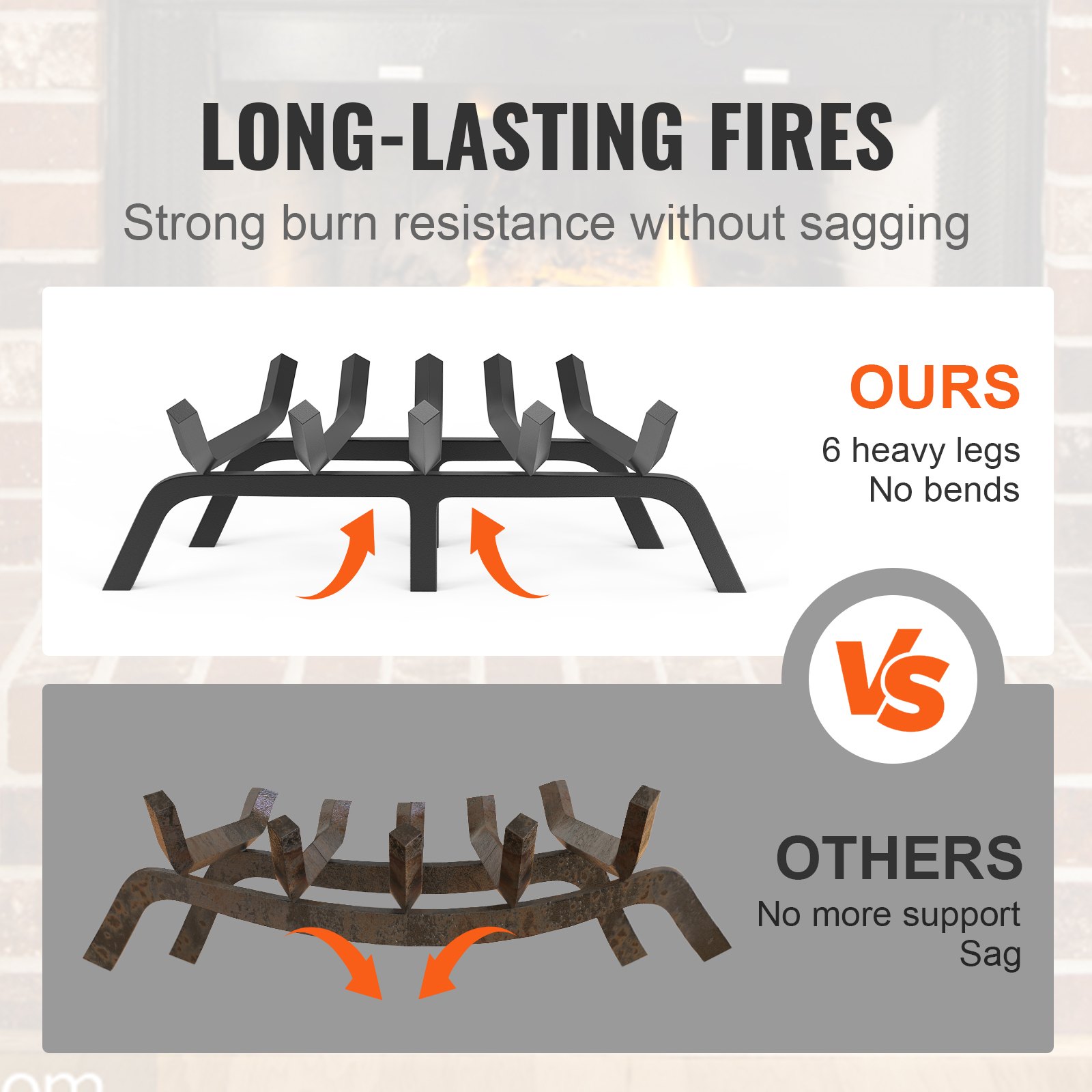 VEVOR Rejilla para leña para chimenea, rejilla resistente para chimenea de 21 pulgadas con 6 patas de apoyo, barras de acero con recubrimiento de polvo sólido de 3/4 pulgadas, soporte para leña para chimenea interior y exterior