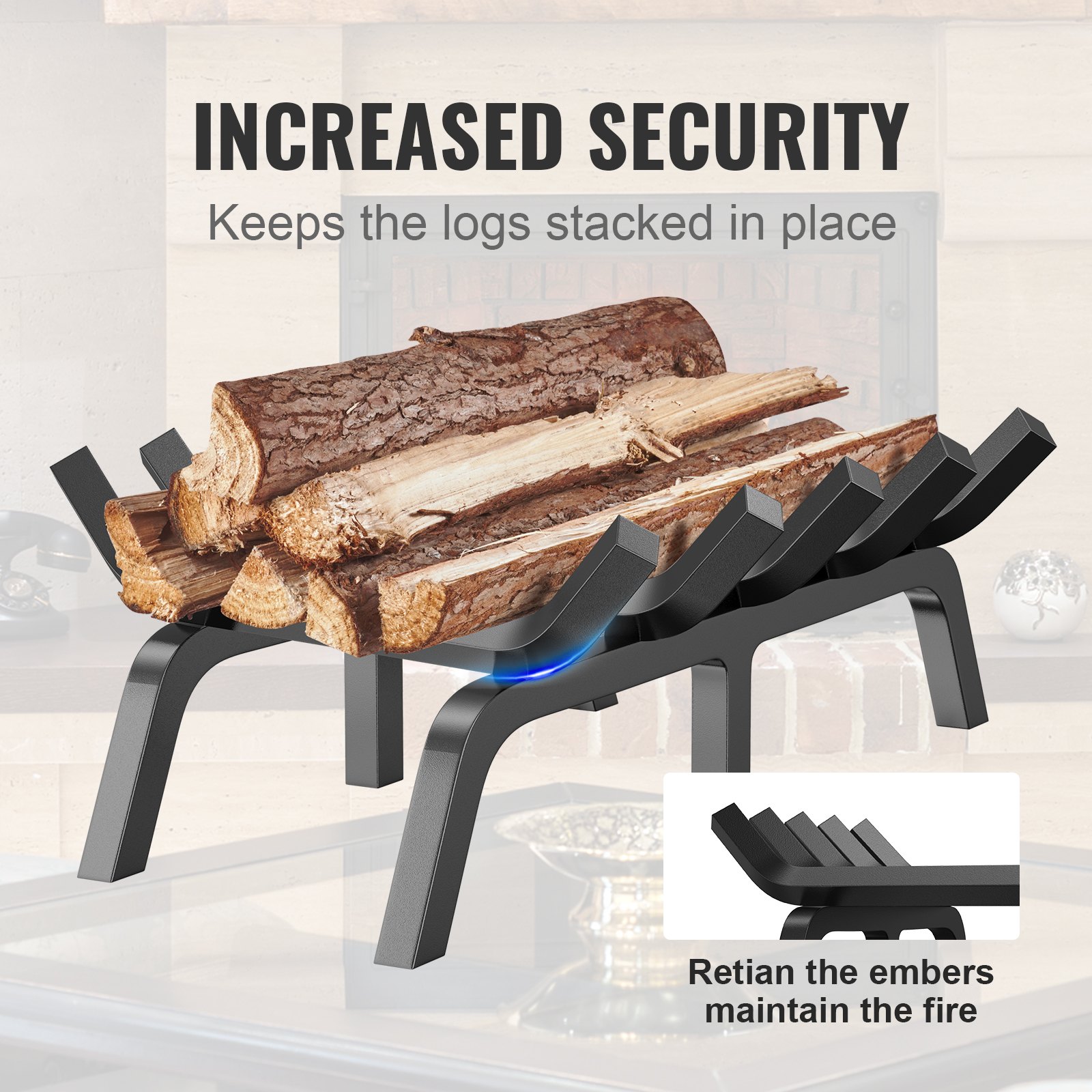 VEVOR Rejilla para leña para chimenea, rejilla resistente para chimenea de 21 pulgadas con 6 patas de apoyo, barras de acero con recubrimiento de polvo sólido de 3/4 pulgadas, soporte para leña para chimenea interior y exterior