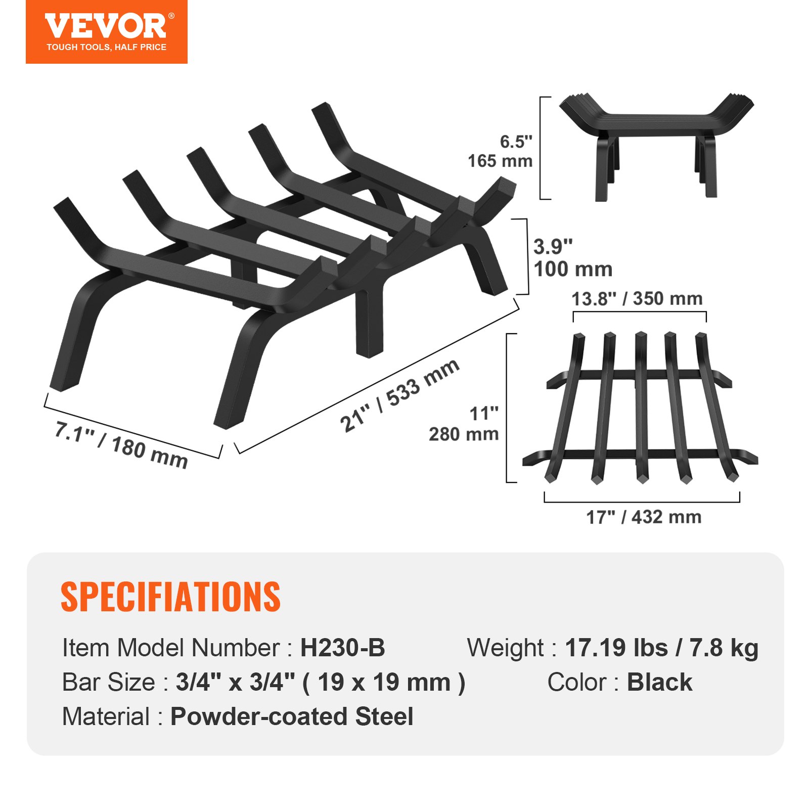 VEVOR Rejilla para leña para chimenea, rejilla resistente para chimenea de 21 pulgadas con 6 patas de apoyo, barras de acero con recubrimiento de polvo sólido de 3/4 pulgadas, soporte para leña para chimenea interior y exterior