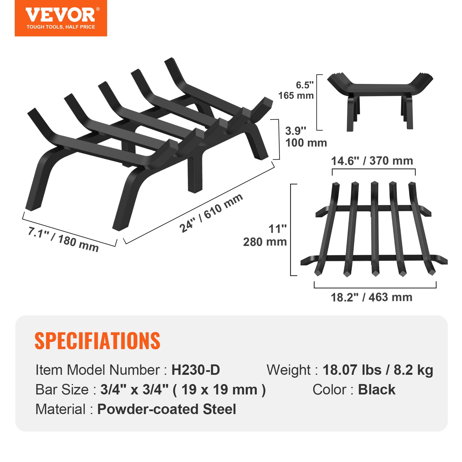 VEVOR Rejilla para leña para chimenea, rejilla resistente para chimenea de 24 pulgadas con 6 patas de apoyo, barras de acero con recubrimiento de polvo sólido de 3/4 pulgadas, soporte para leña para chimenea interior y exterior