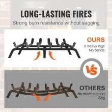 VEVOR Rejilla para leña para chimenea, 27 pulgadas, resistente con 6 patas de apoyo, barras de acero sólidas con recubrimiento en polvo de 3/4 pulgadas, soporte para leña para chimenea interior y exterior