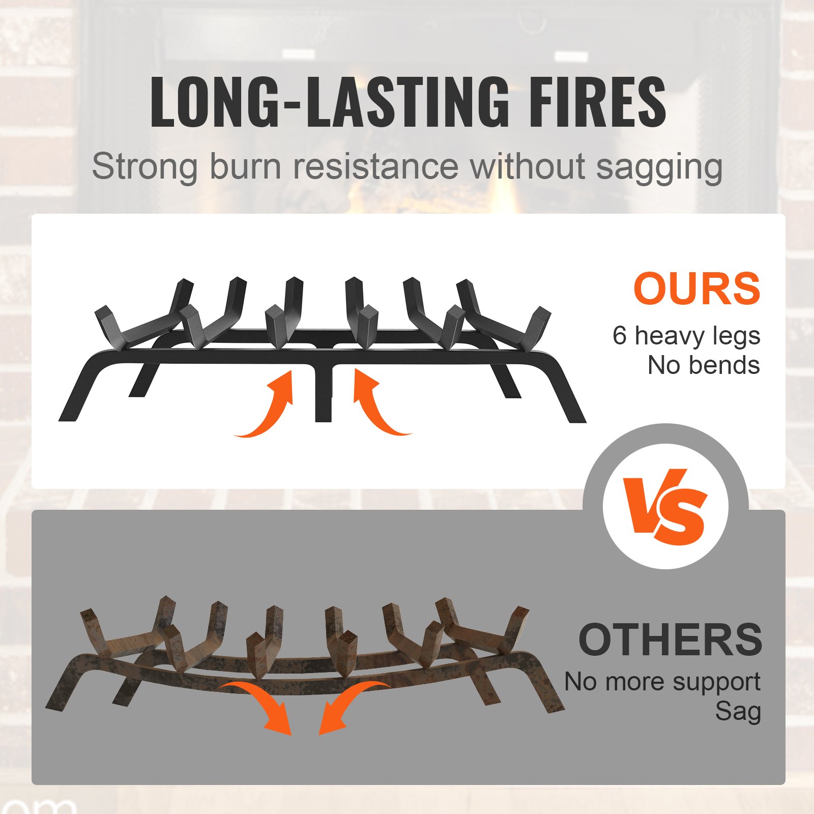 VEVOR Rejilla para leña para chimenea, 27 pulgadas, resistente con 6 patas de apoyo, barras de acero sólidas con recubrimiento en polvo de 3/4 pulgadas, soporte para leña para chimenea interior y exterior
