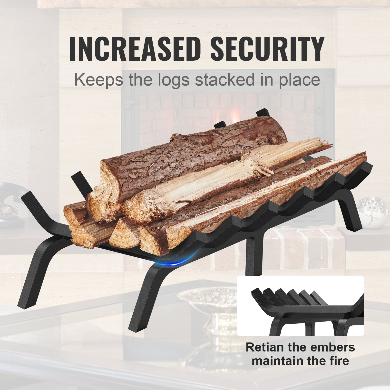 VEVOR Rejilla para leña para chimenea, 27 pulgadas, resistente con 6 patas de apoyo, barras de acero sólidas con recubrimiento en polvo de 3/4 pulgadas, soporte para leña para chimenea interior y exterior