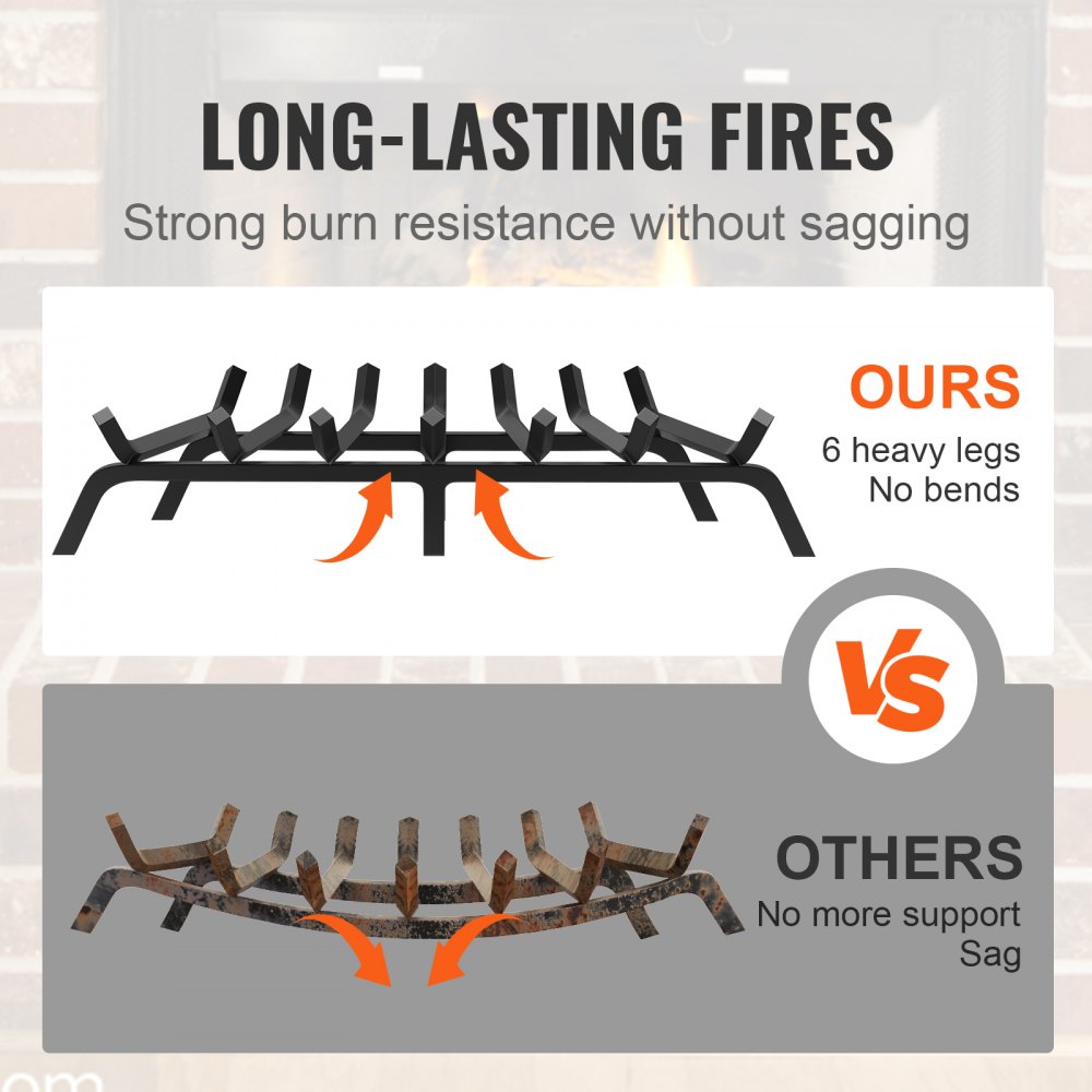 Rejilla para leña VEVOR, resistente, de 76 cm, con 6 patas de apoyo, barras de acero macizo con recubrimiento en polvo de 19 mm, soporte para leña para chimeneas de interior y exterior.