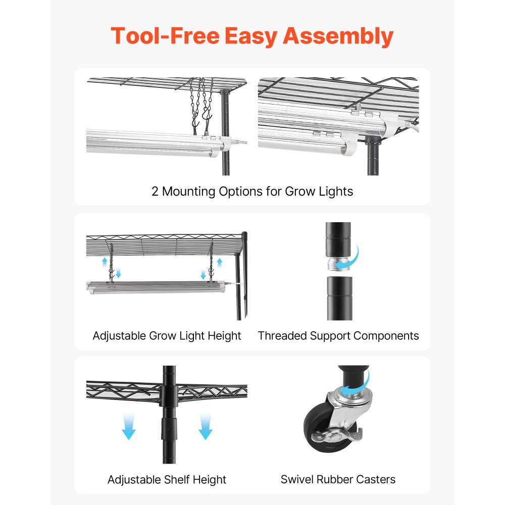 VEVOR Estante para plantas DIY con luces de cultivo, soporte para plantas de interior de 180 cm de alto con ruedas, luces de cultivo de espectro completo de 192 W y 5000 K, expositor de plantas de metal resistente, soporte para macetas para sembrar semillas