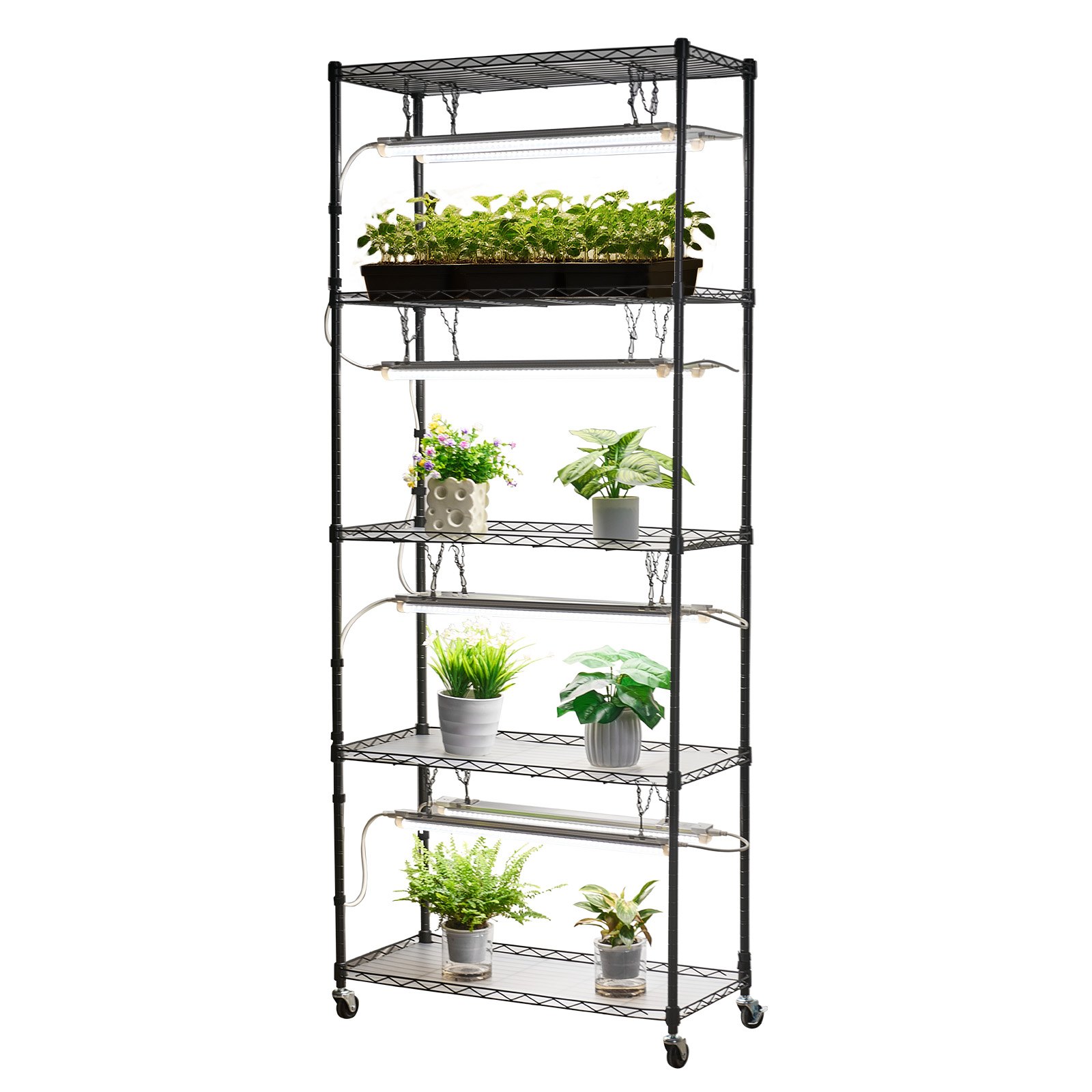 VEVOR Estante para plantas DIY con luces de cultivo, soporte para plantas de interior de 180 cm de alto con ruedas, luces de cultivo de espectro completo de 192 W y 5000 K, expositor de plantas de metal resistente, soporte para macetas para sembrar semillas