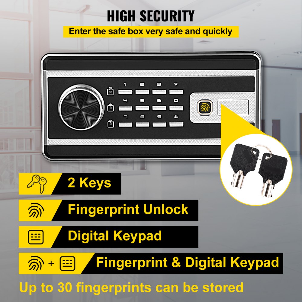 Caja de seguridad VEVOR de 0.8 pies cúbicos con huella dactilar para dinero, 2 llaves y teclado digital, caja de seguridad de acero Q235 para guardar efectivo, joyas, pistolas, documentos y relojes en casa, oficina y hotel.