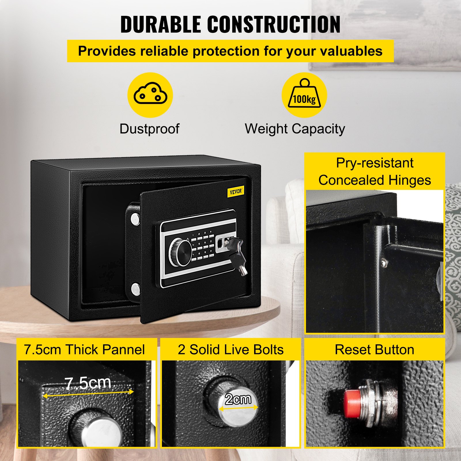 Caja de seguridad con huella dactilar VEVOR: panel de 7,5 cm de grosor, 2 pernos activos sólidos, botón de reinicio, construcción duradera.