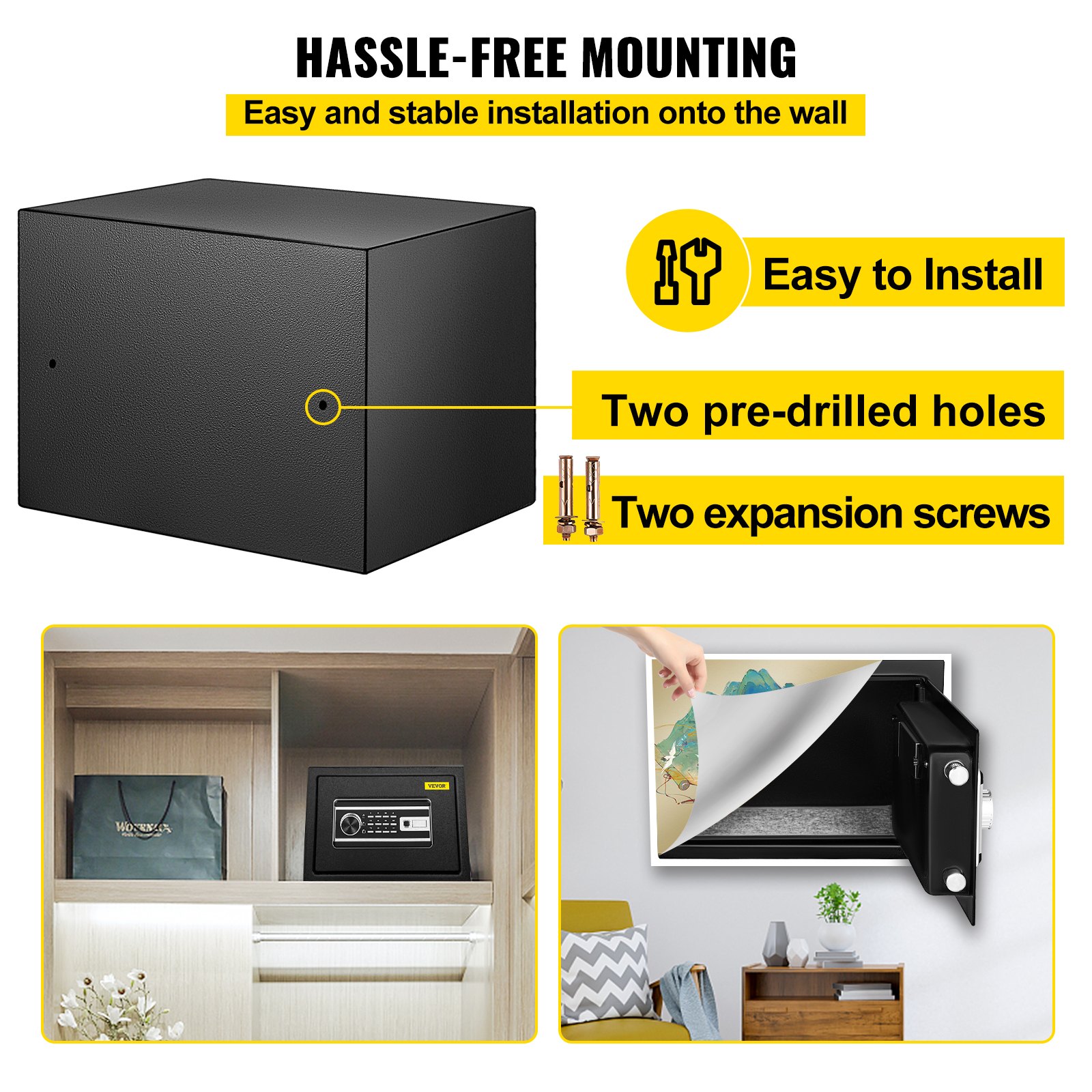 Caja de seguridad con huella dactilar VEVOR con fácil montaje en pared, orificios pretaladrados y tornillos de expansión.