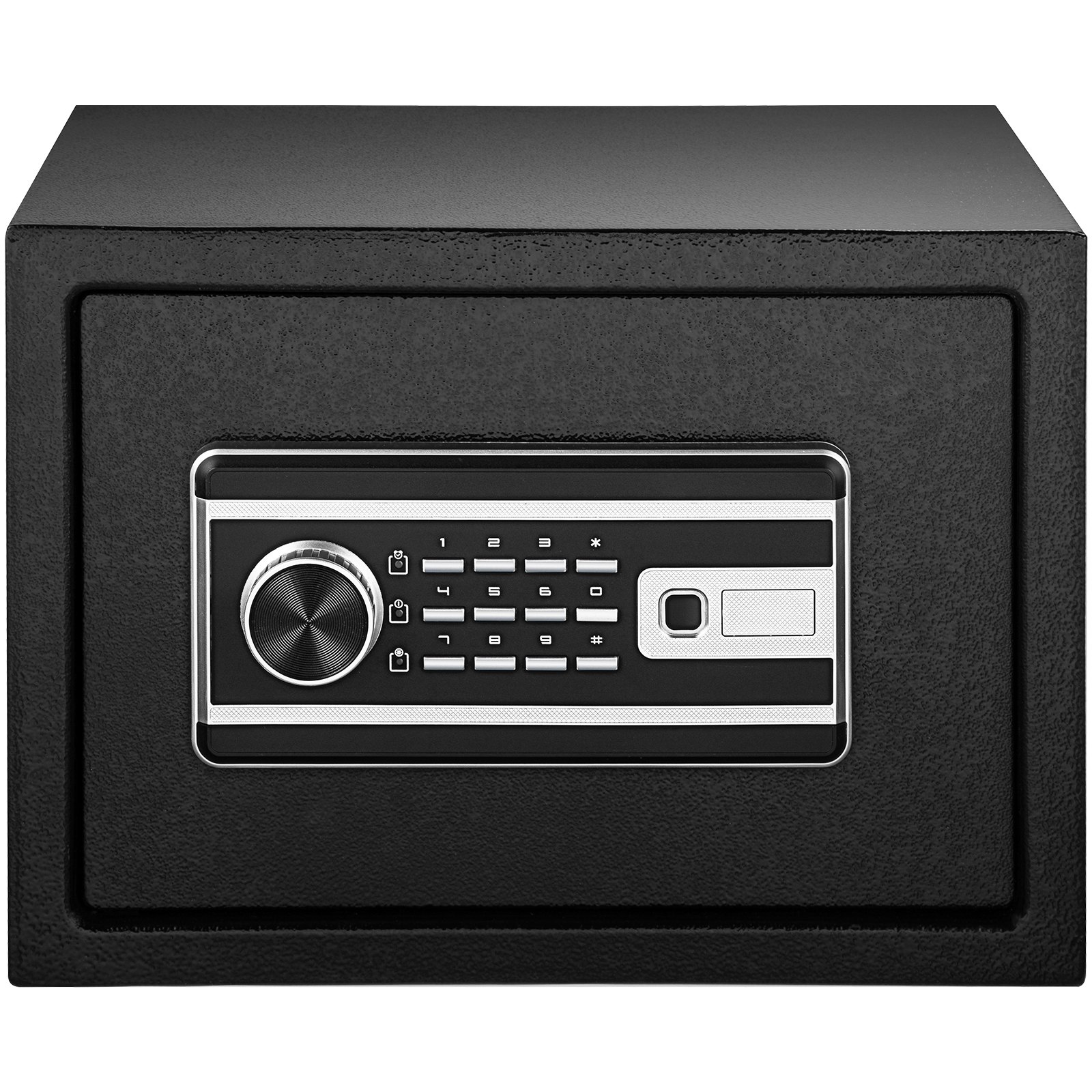 Caja de seguridad con huella dactilar VEVOR negra con teclado y cerradura con dial en la parte frontal.