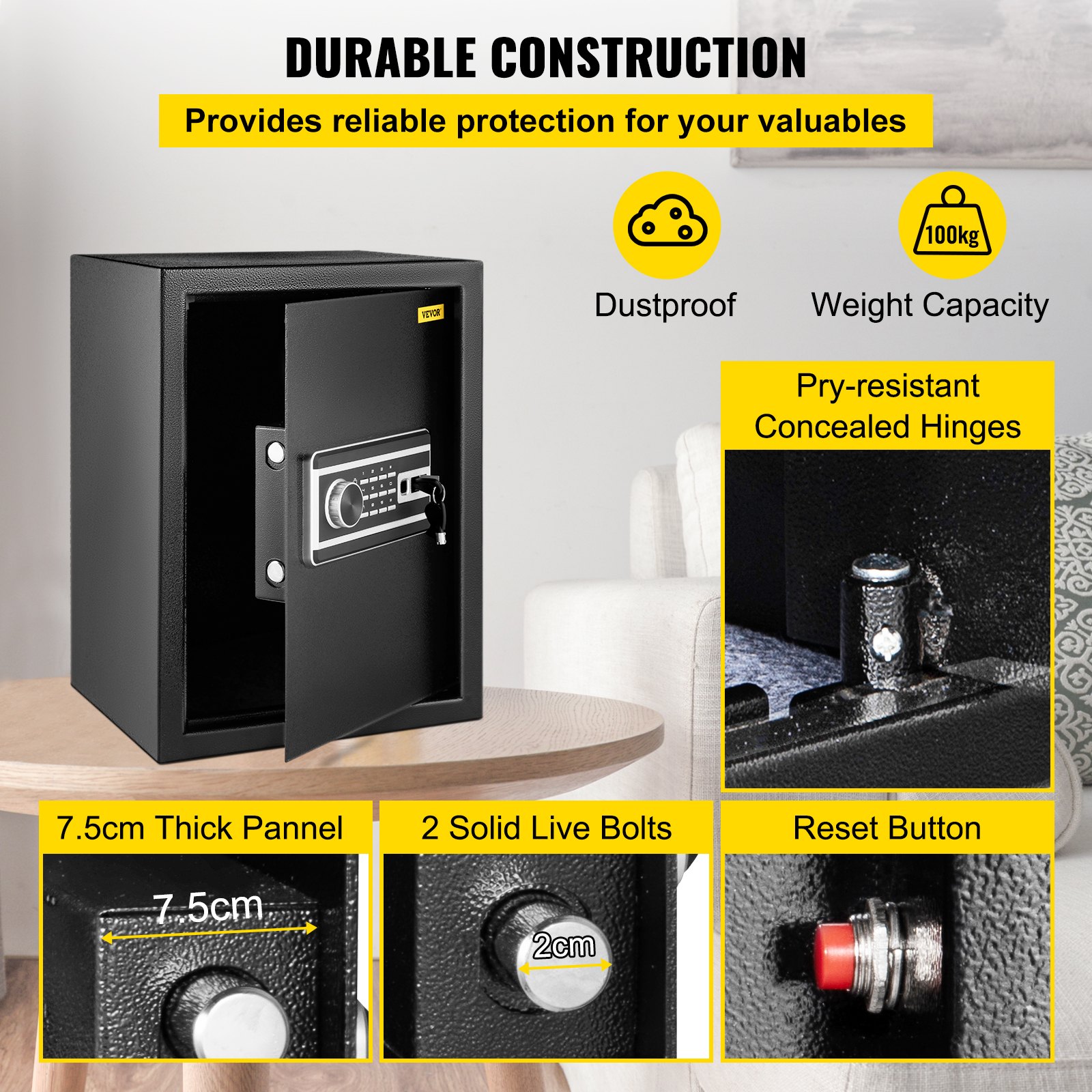 Caja de seguridad con huella dactilar VEVOR con diseño a prueba de polvo y a prueba de palancas, capacidad de 100 kg.