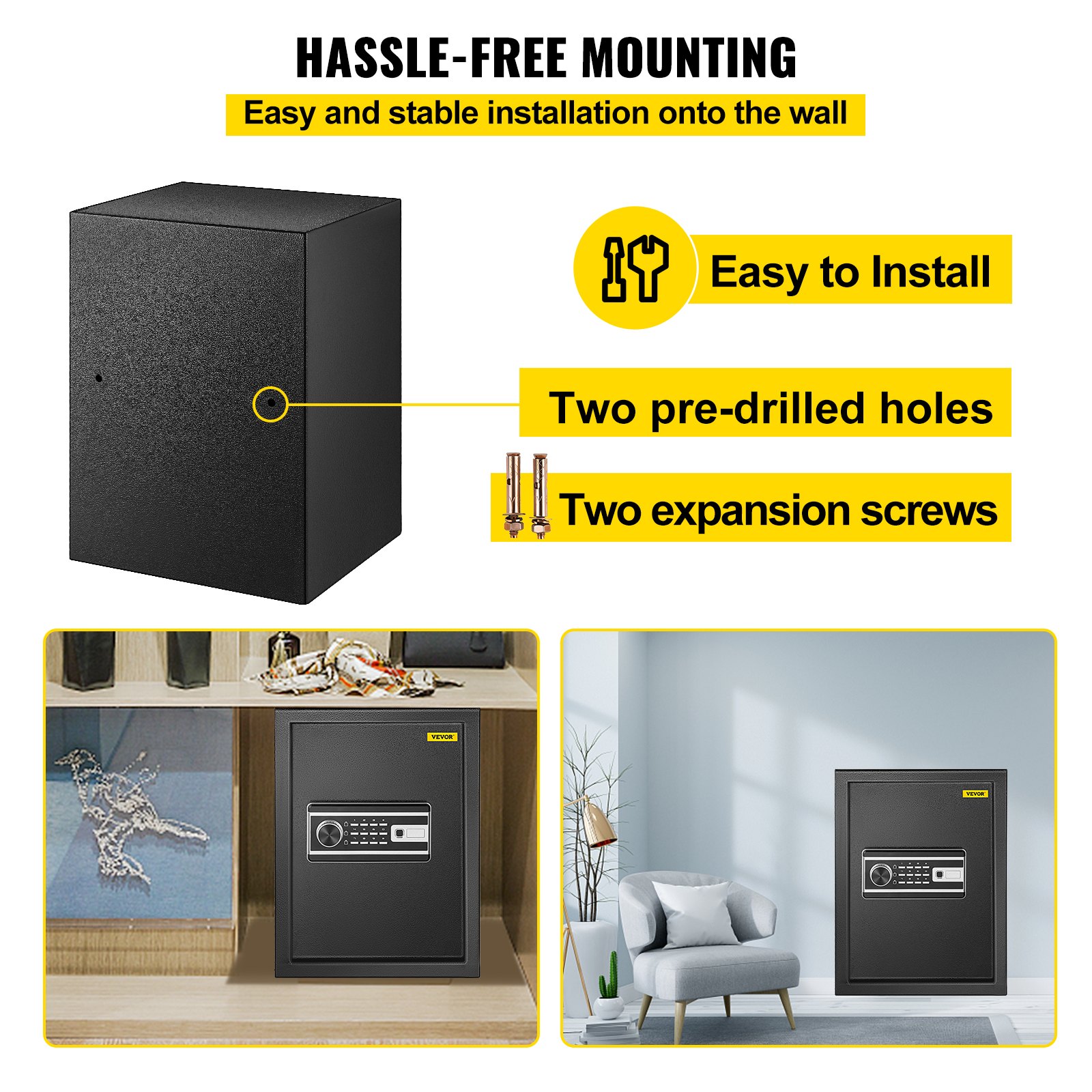 Caja de seguridad con huella dactilar VEVOR con orificios pretaladrados y tornillos de expansión para un fácil montaje.