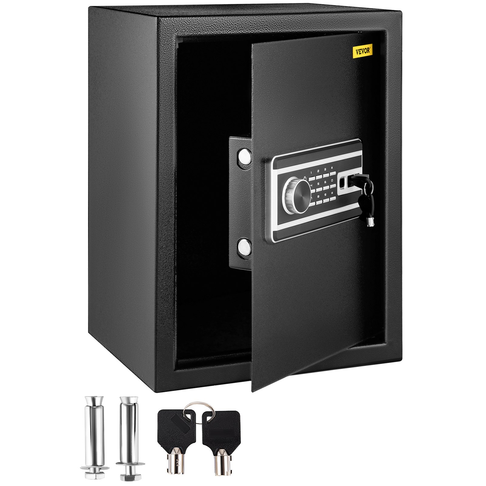 Caja de seguridad VEVOR negra con huella dactilar, puerta abierta, llaves y pernos de montaje.