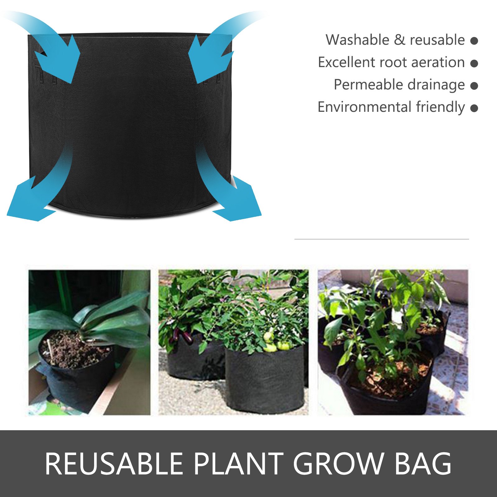 Bolsas de cultivo VEVOR, paquete de 12, de 45 galones, con asas, lavables y reutilizables, color negro. Macetas de tela con ventilación para jardín.