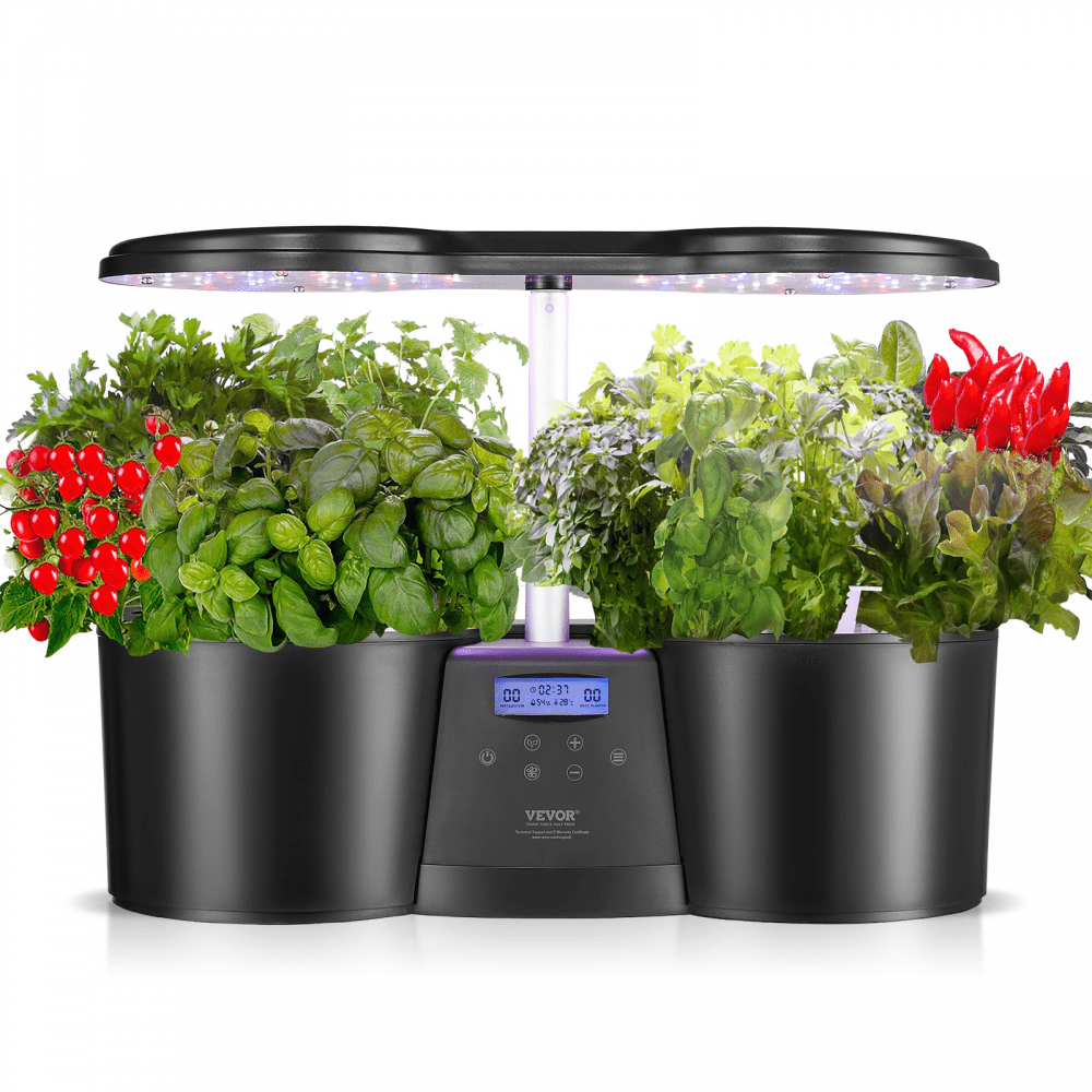 Sistema hidropónico VEVOR con luces LED, cultivo de diversas hierbas y verduras en macetas negras.