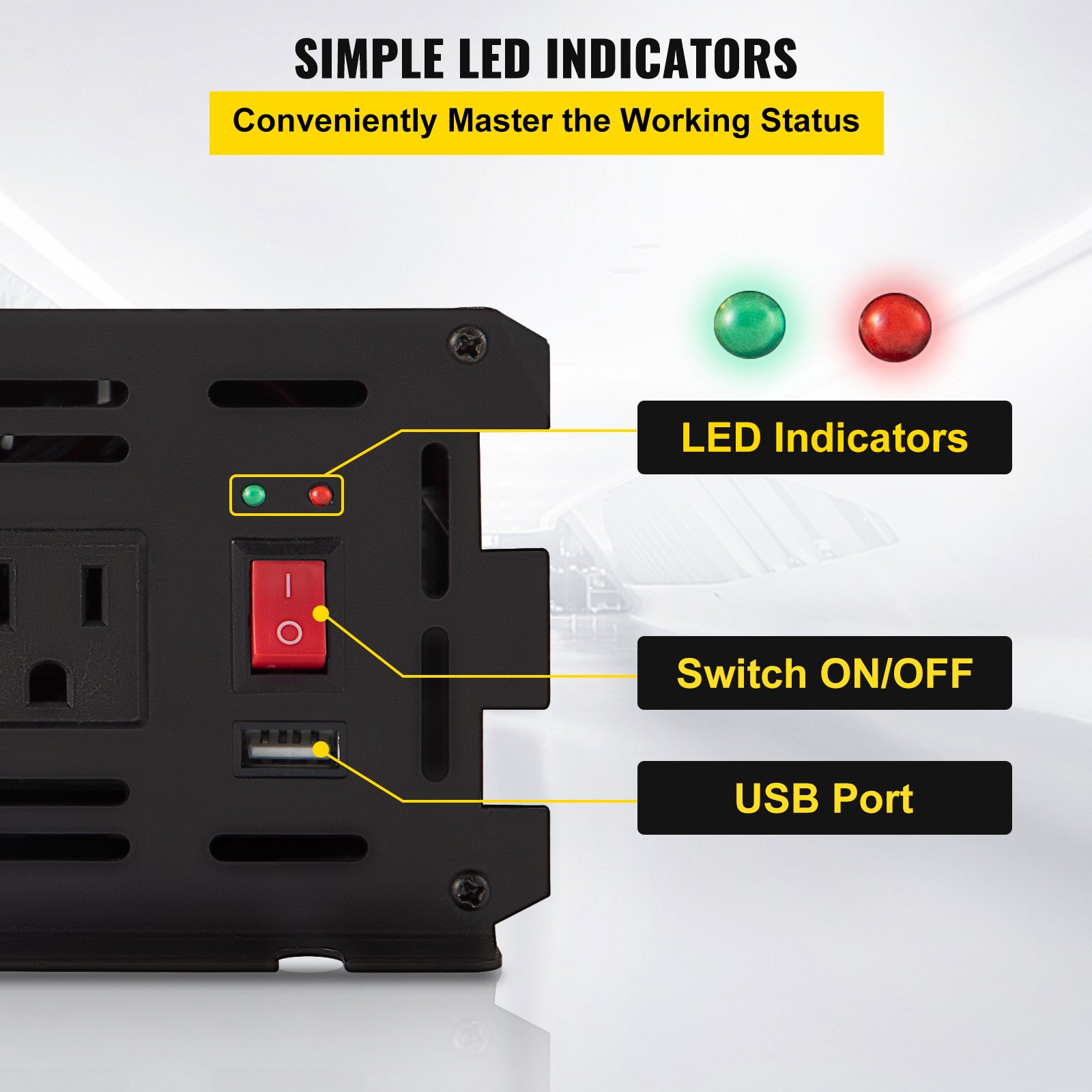 Inversor de corriente VEVOR con indicadores led, interruptor de encendido/apagado y puerto usb.