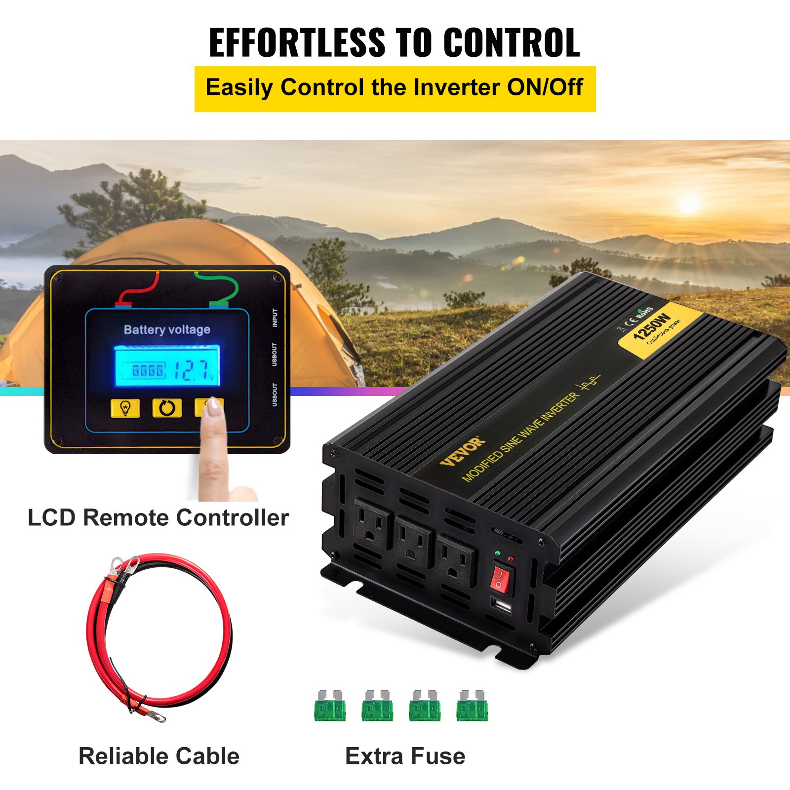 Inversor de corriente VEVOR con controlador LCD, cable y fusibles adicionales cerca de una tienda de campaña.