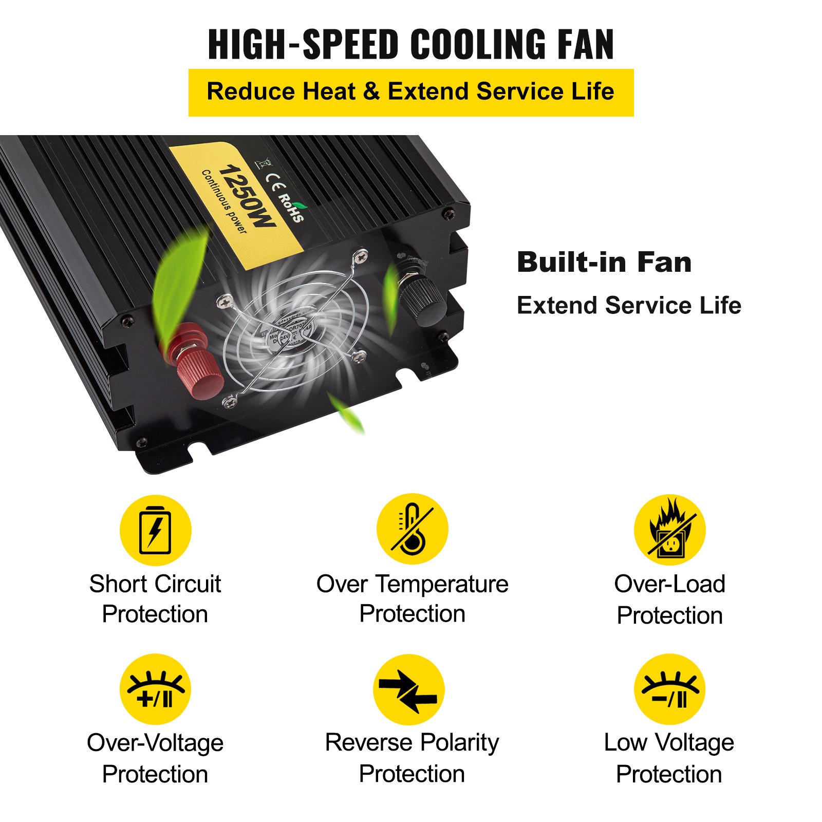 Inversor de corriente VEVOR con ventilador de enfriamiento de alta velocidad incorporado y múltiples funciones de protección.